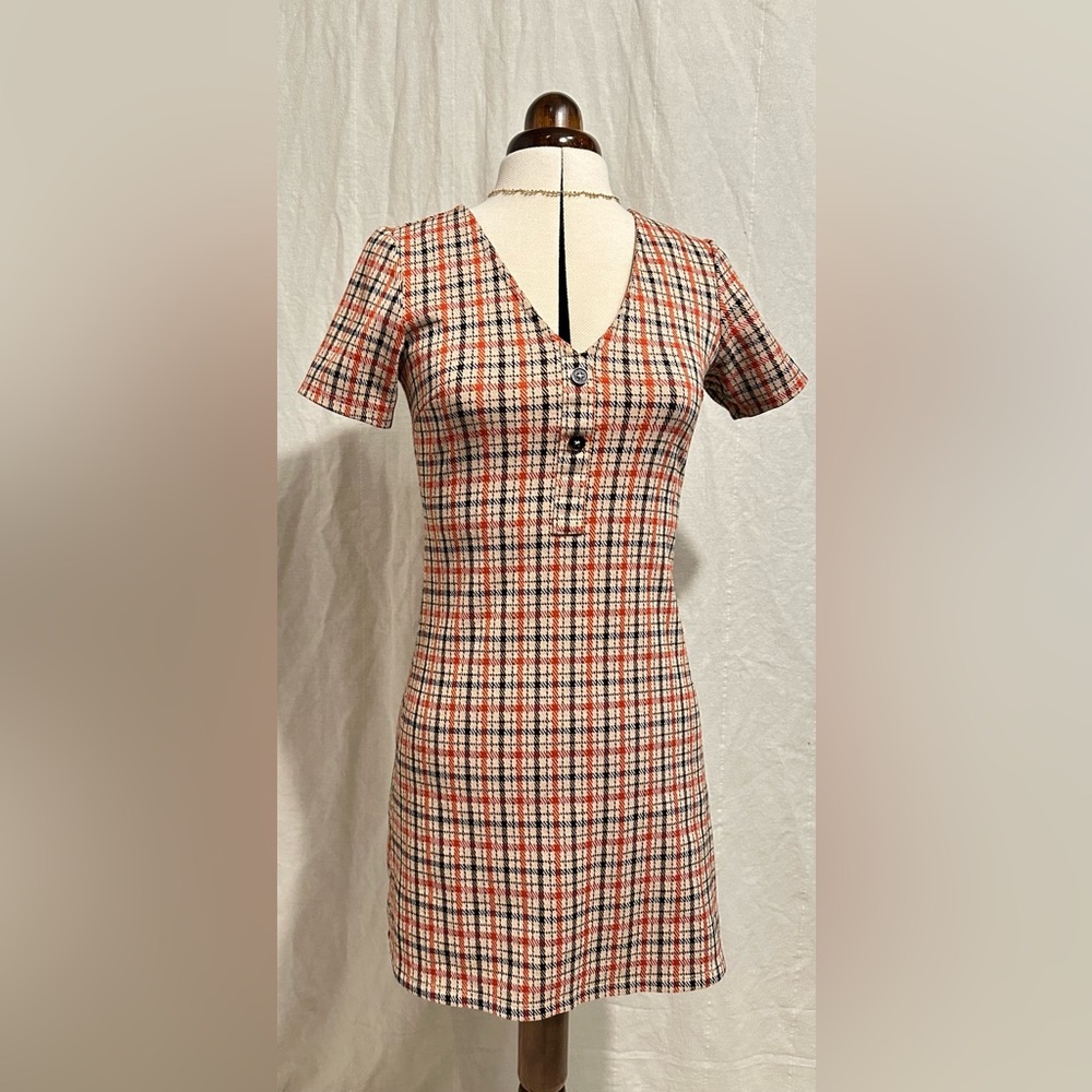 Twik Plaid Mini Dress in Red, burnt orange, Black